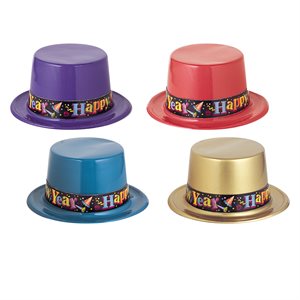 Assorted coloured Happy New Year plastic top hat