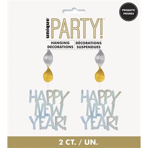 2 décorations en tourbillons prismatique "Happy New Year" 30po
