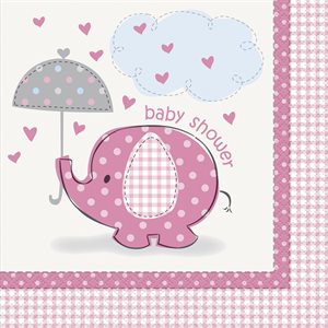 16 serviettes à repas shower de bébé éléphant rose