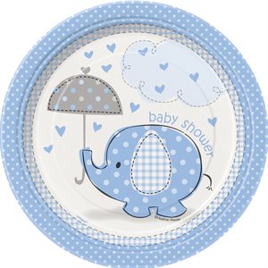 8 assiettes rondes 7po shower de bébé éléphant bleu