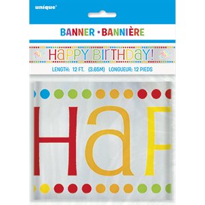 Bannière de fanions 12pi arc-en-ciel pois & ligné "Happy Birthday"