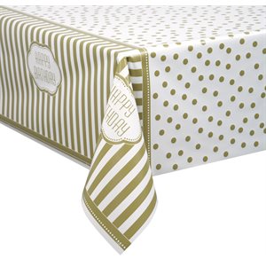 Golden dotted & stripped happy b-day plastic table cover 54x84in