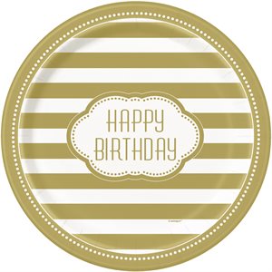 Golden striped b-day plates 9in 8pcs
