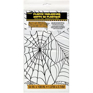 Black spider web on clear plastic table cover 54x108in