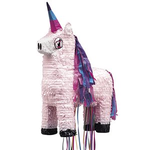 Pink unicorn piñata with ribbons