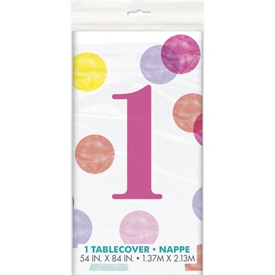 Colourful dots pink 1st b-day plastic table cover 54x84in
