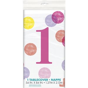 Colourful dots pink 1st b-day plastic table cover 54x84in
