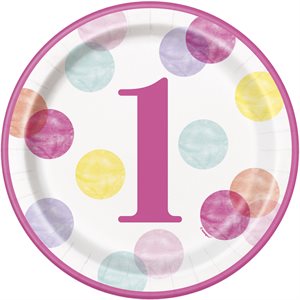 Colourful dots pink 1st b-day plates 9in 8pcs