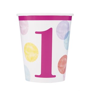 Colourful dots pink 1st b-day cups 9oz 8pcs