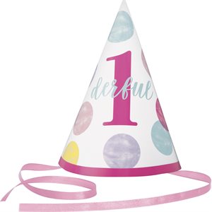 Colourful dots pink "1 derful" party hat