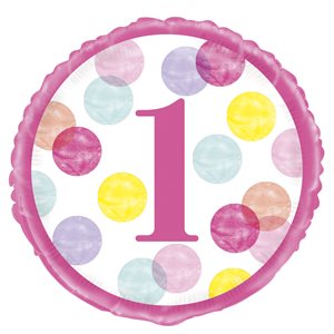 Colourful dots pink 1st b-day std foil balloon