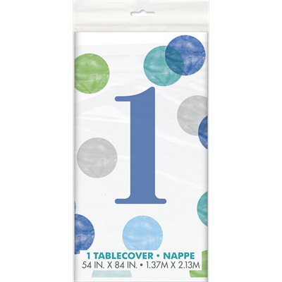 Colourful dots blue 1st b-day plastic table cover 54x84in