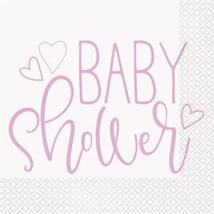 16 serviettes à repas shower de bébé coeurs roses