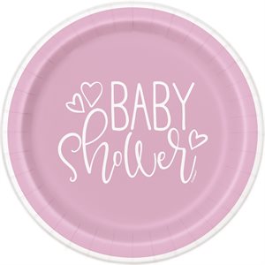 Pink hearts baby shower plates 7in 8pcs