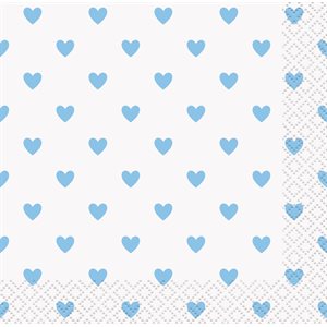 16 serviettes à breuvages shower de bébé coeurs bleus