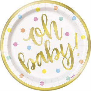Gold "oh baby!" & pastel dots plates 7in 8pcs