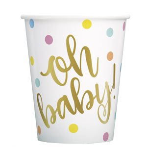Gold "oh baby!" & pastel dots cups 9oz 8pcs