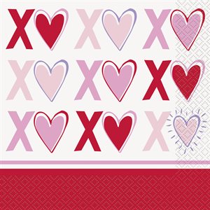 16 serviettes à repas XO coeurs rouge & rose