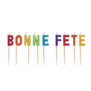 Glitter rainbow "bonne fête" candles on picks 9pcs