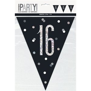 16th b-day silver & black flag banner 9ft