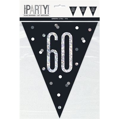60th b-day silver & black flag banner 9ft