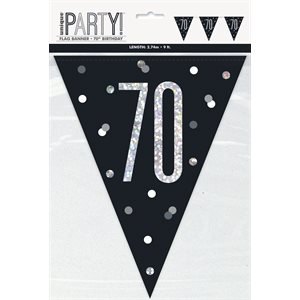 70th b-day silver & black flag banner 9ft