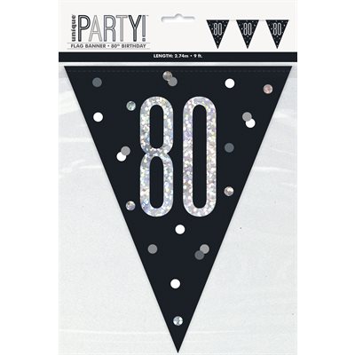 80th b-day silver & black flag banner 9ft