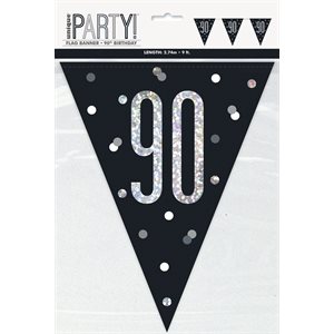 90th b-day silver & black flag banner 9ft