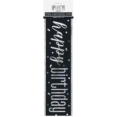 Happy Birthday silver & black foil banner 9ft