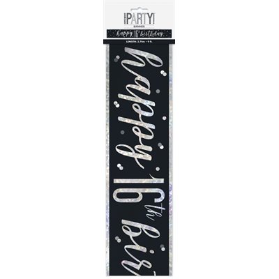 16th b-day silver & black foil banner 9ft