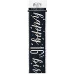 Bannière métallique 9pi "Happy 16th Birthday" argent & noir