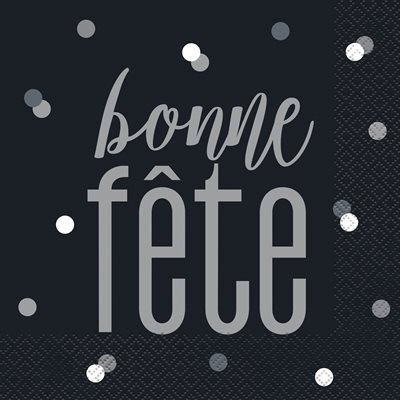"Bonne Fête" silver & black dots lunch napkins 16pcs