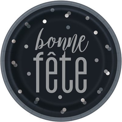 "Bonne Fête" silver & black dots plates 9in 8pcs