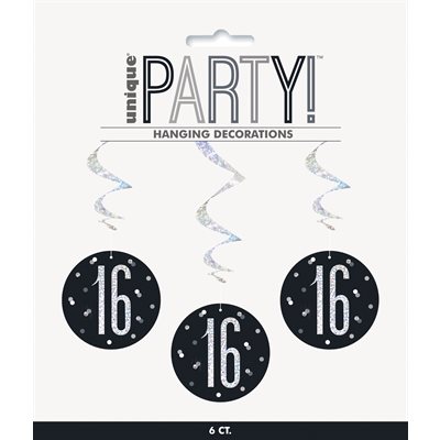 16th b-day silver & black swirl decorations 32in 6pcs