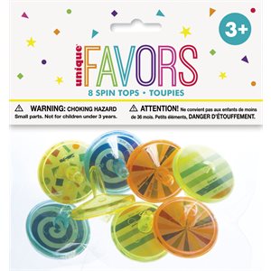 Assorted coloured plastic spin tops 8pcs