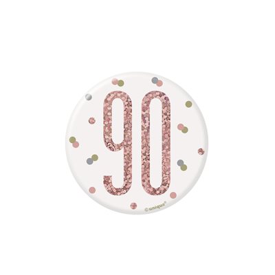 90th b-day white & rose gold badge 3in