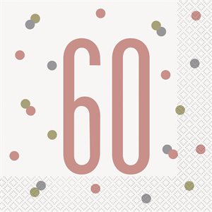 16 serviettes à repas 60 ans rose doré & blanc