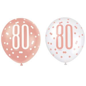 80th white & rose gold latex balloons 12in 6pcs