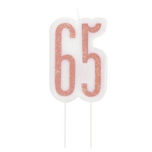 65th b-day glitter rose gold & white candle