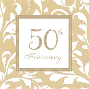 16 serviettes repas 50e anniversaire dorée élégant