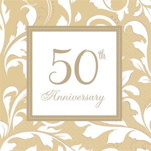 16 serviettes breuvage 50e anniversaire dorée élégant