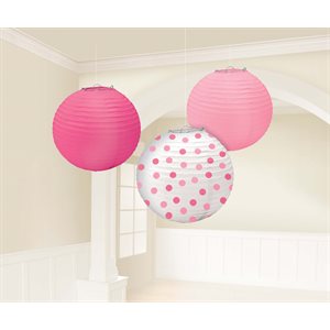 Asst pink paper lanterns 9.5in 3pcs