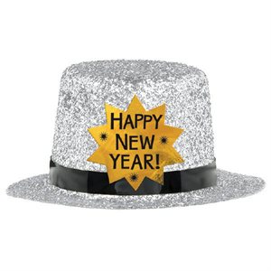 Happy New Year silver glitter mini top hat