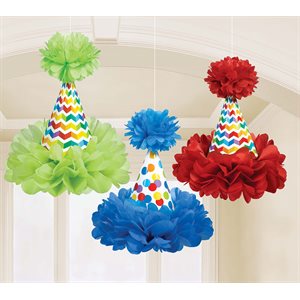 Bright b-day fluffy cone hat decorations 3pcs