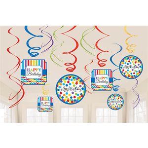 12 décorations en tourbillions happy birthday arc-en-ciel