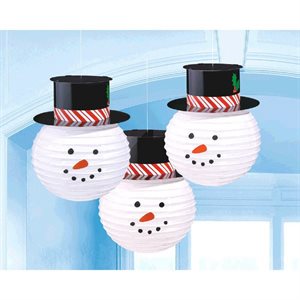 3 lanternes en papiers bonhomme de neige avec chapeau