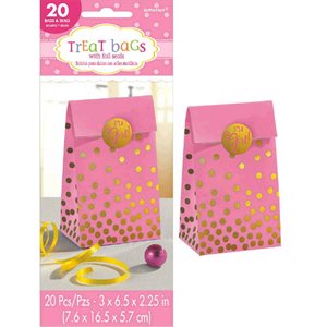 20 sacs en papier roses à pois or avec autocollants