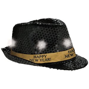 Chapeau fedora lumineux avec paillettes noir bonne année