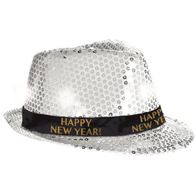 Happy New Year silver sequin light-up fedora hat