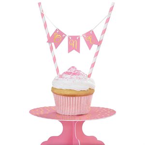 Plateau à petit gâteaux & mini bannière rose 1re anniversaire